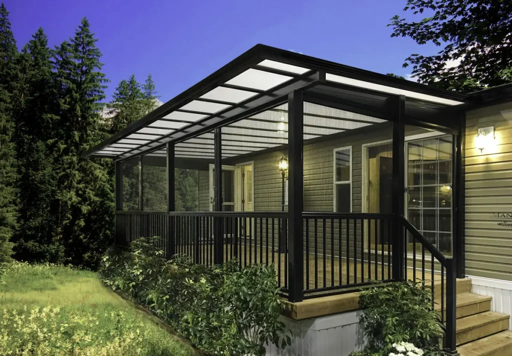 Sunspace Sunroom Model 100 - "Model-100-Acrypic" with a black aluminum frame, acrylic roof, and screened enclosure.