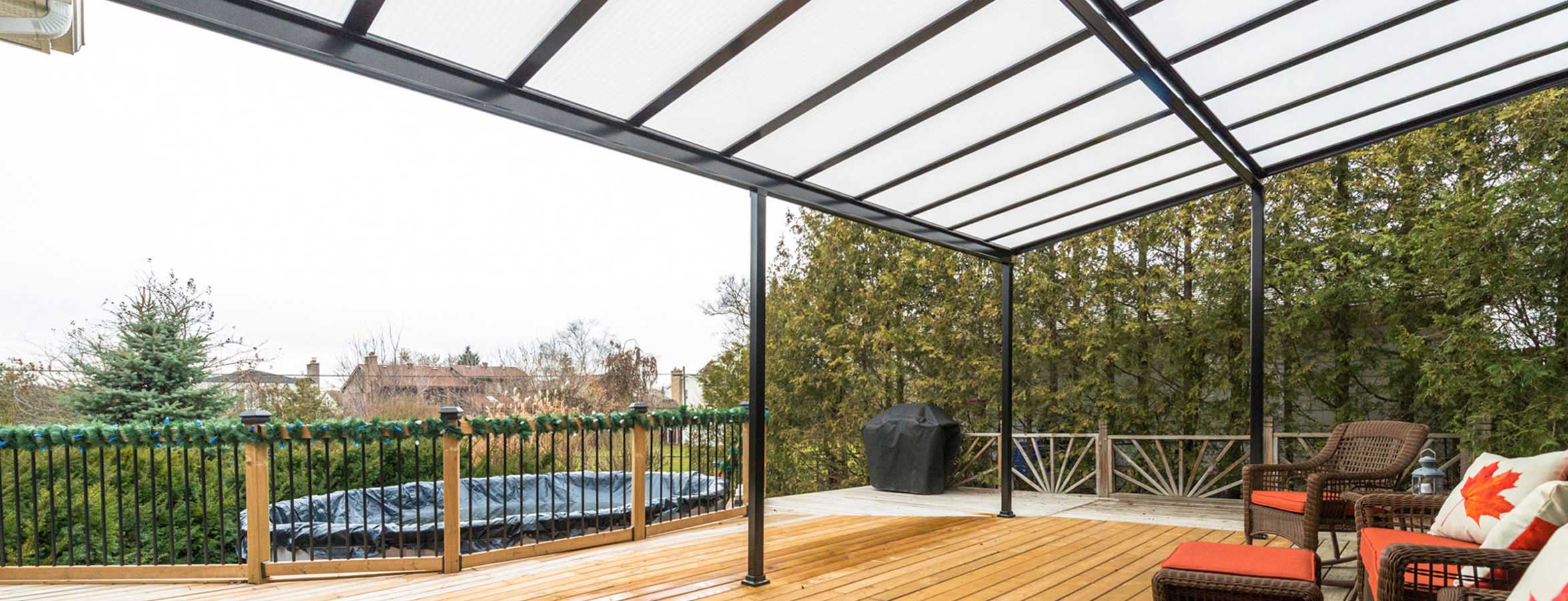 Durable Acrylic Patio Cover providing shade and weather protection for a beautiful outdoor living space with seating and garden overviews.