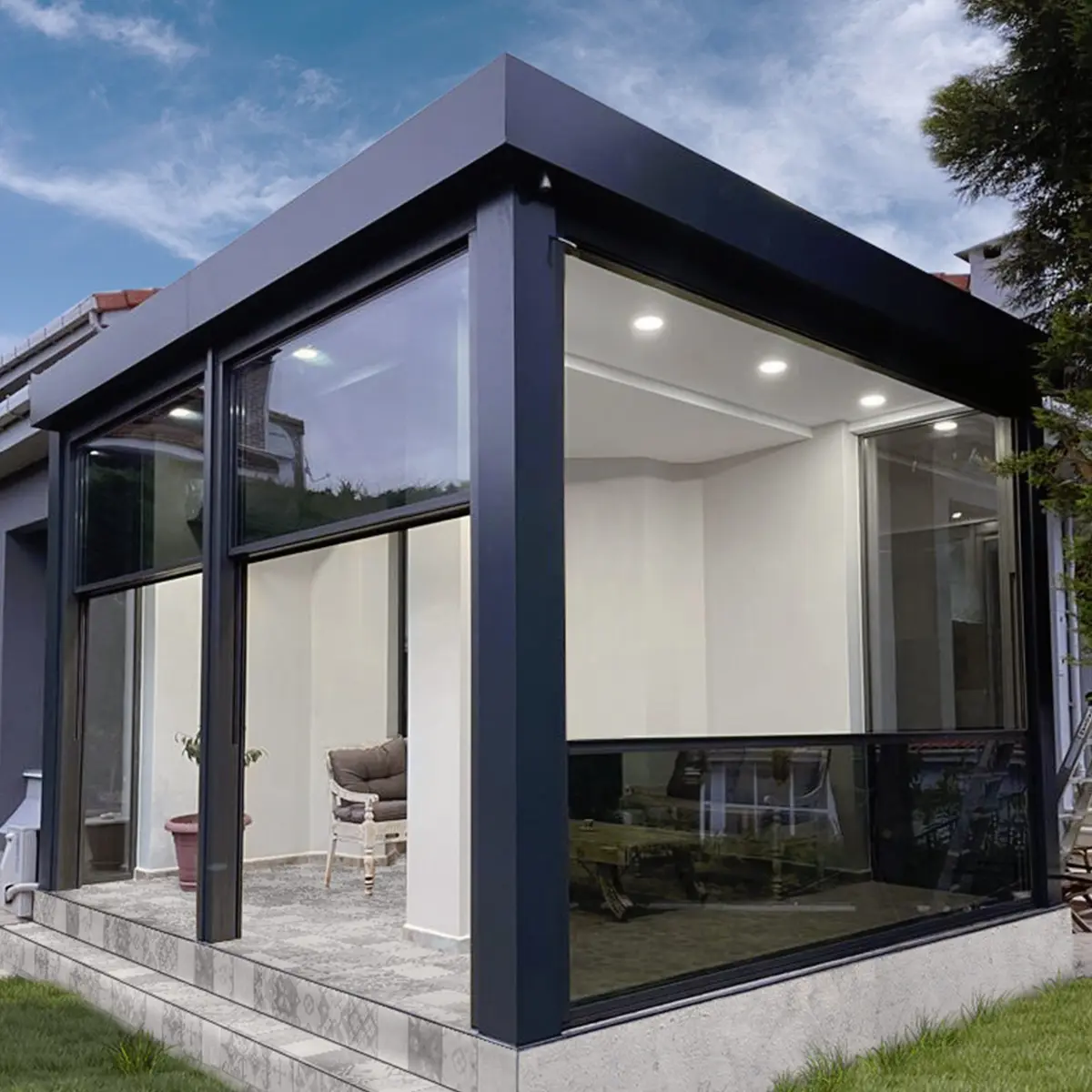 A stylish house with expansive windows and a swimming pool, set in a sunny outdoor environment.