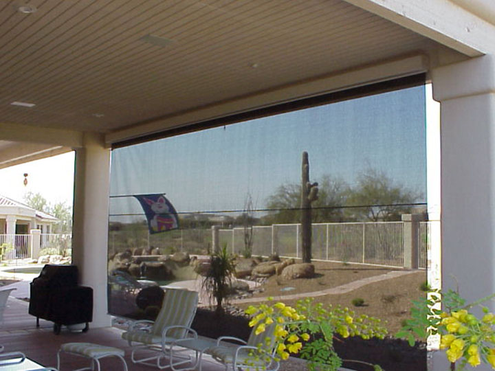 Solar screen with view through mesh fabric