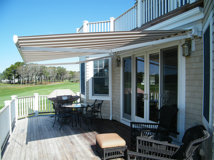 Suntube retractable patio awning with striped fabric