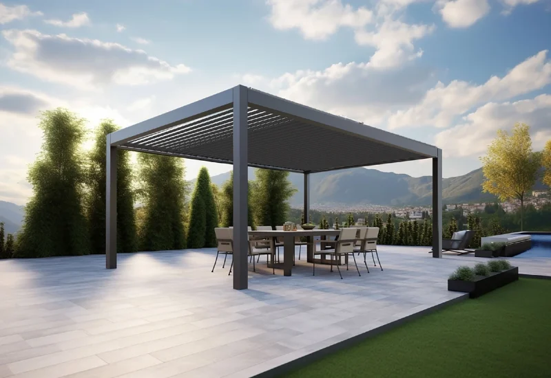 Louvered Pergola System with a dining setup on a scenic patio.