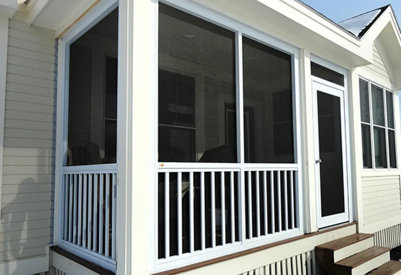 Screened porch with a white built-in railing and door, attached to a light-colored home.